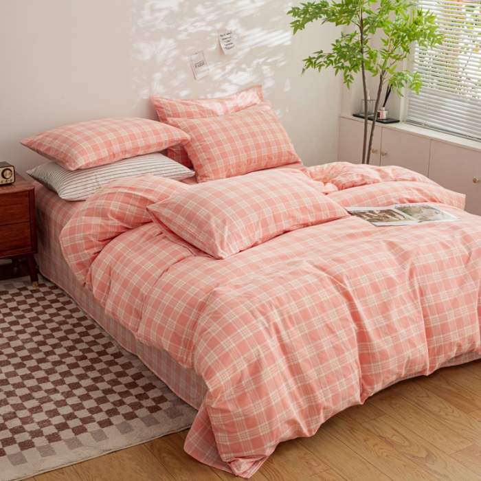 91家纺网 家纺一手货源 找家纺 柠萌家居 2023年新款无印风格A类全棉色织水洗棉四件套 卡洛-粉