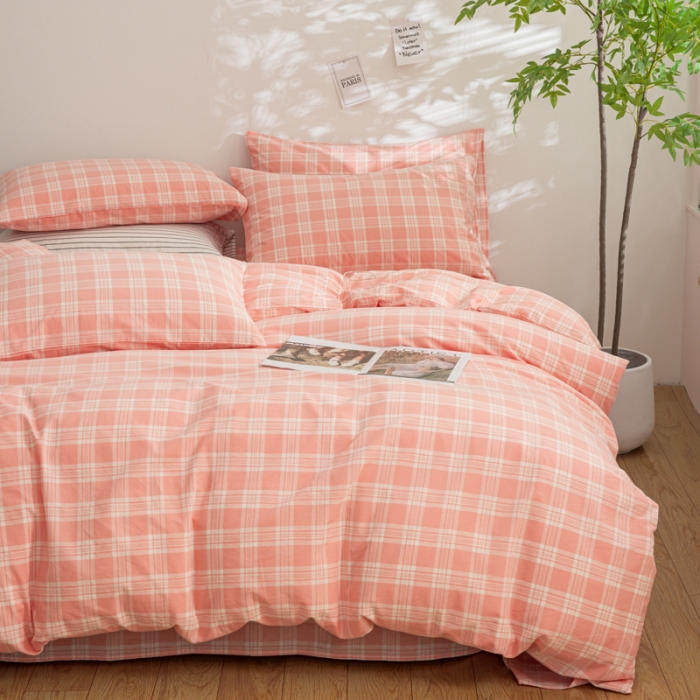 91家纺网 家纺一手货源 找家纺 柠萌家居 2023年新款无印风格A类全棉色织水洗棉四件套 卡洛-粉