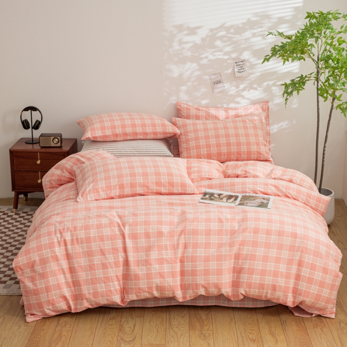 91家纺网 家纺一手货源 找家纺 柠萌家居 2023年新款无印风格A类全棉色织水洗棉四件套 卡洛-粉