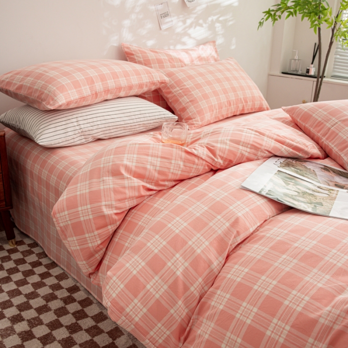 91家纺网 家纺一手货源 找家纺 柠萌家居 2023年新款无印风格A类全棉色织水洗棉四件套 卡洛-粉