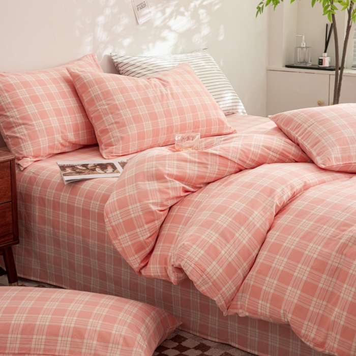 91家纺网 家纺一手货源 找家纺 柠萌家居 2023年新款无印风格A类全棉色织水洗棉四件套 卡洛-粉