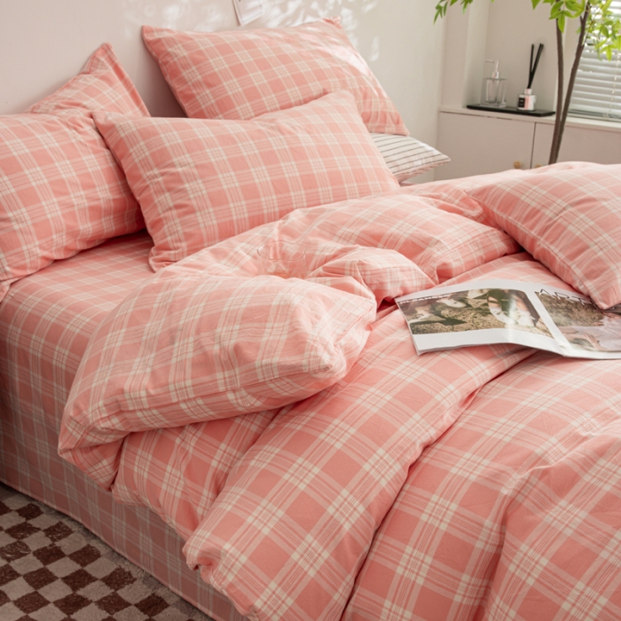 91家纺网 家纺一手货源 找家纺 柠萌家居 2023年新款无印风格A类全棉色织水洗棉四件套 卡洛-粉