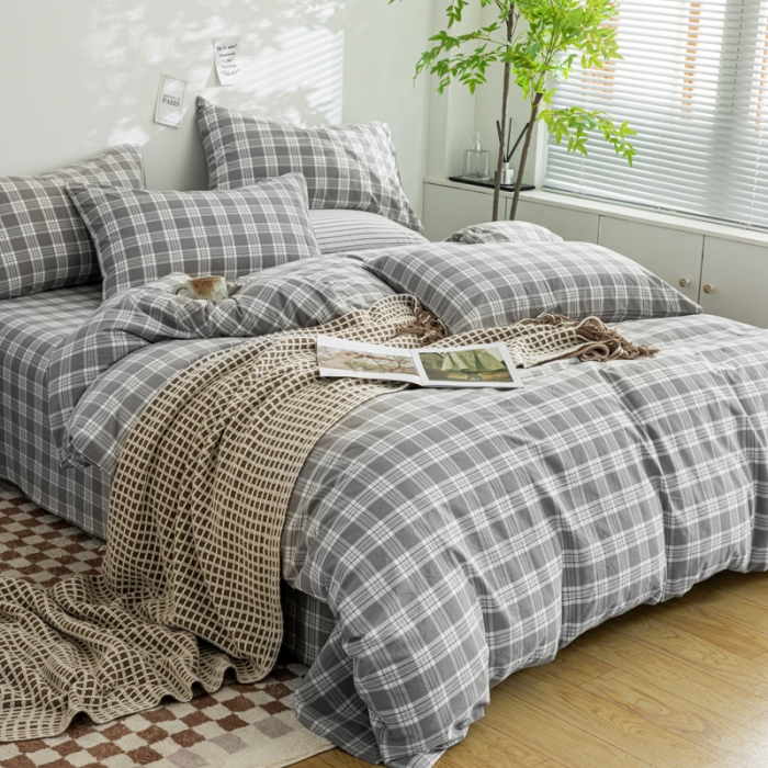 91家纺网 家纺一手货源 找家纺 柠萌家居 2023年新款无印风格A类全棉色织水洗棉四件套 卡洛-灰