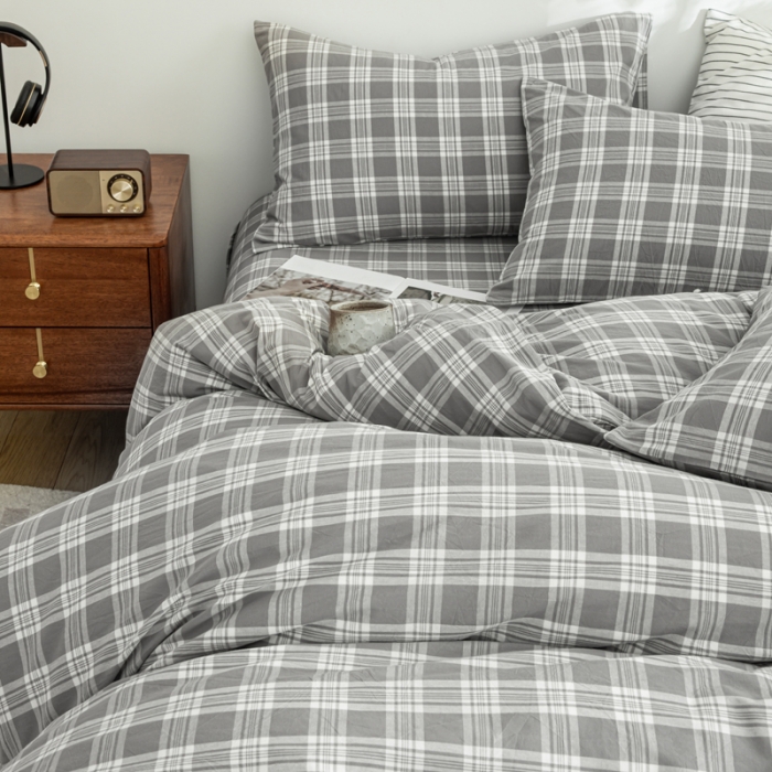 91家纺网 家纺一手货源 找家纺 柠萌家居 2023年新款无印风格A类全棉色织水洗棉四件套 卡洛-灰