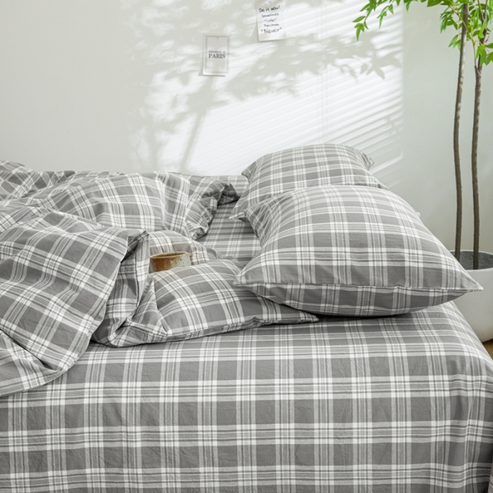 91家纺网 家纺一手货源 找家纺 柠萌家居 2023年新款无印风格A类全棉色织水洗棉四件套 卡洛-灰