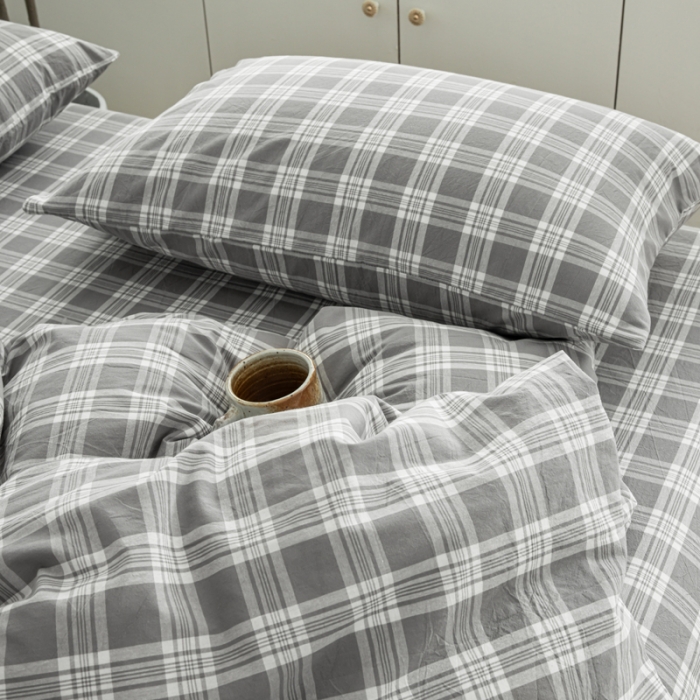 91家纺网 家纺一手货源 找家纺 柠萌家居 2023年新款无印风格A类全棉色织水洗棉四件套 卡洛-灰