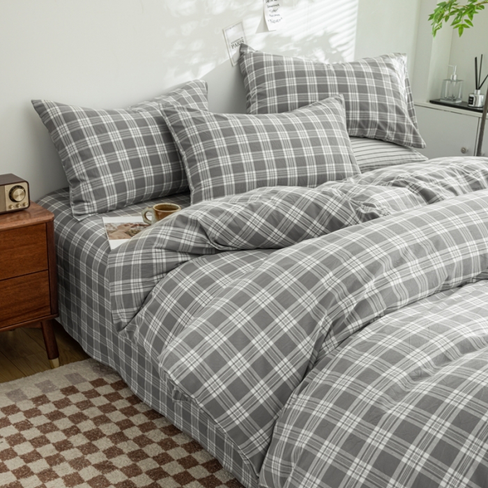 91家纺网 家纺一手货源 找家纺 柠萌家居 2023年新款无印风格A类全棉色织水洗棉四件套 卡洛-灰