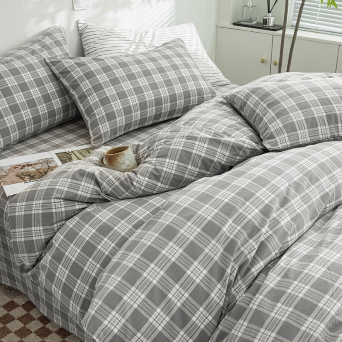 91家纺网 家纺一手货源 找家纺 柠萌家居 2023年新款无印风格A类全棉色织水洗棉四件套 卡洛-灰