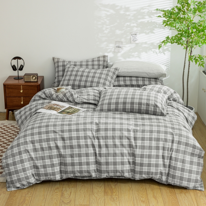 91家纺网 家纺一手货源 找家纺 柠萌家居 2023年新款无印风格A类全棉色织水洗棉四件套 卡洛-灰