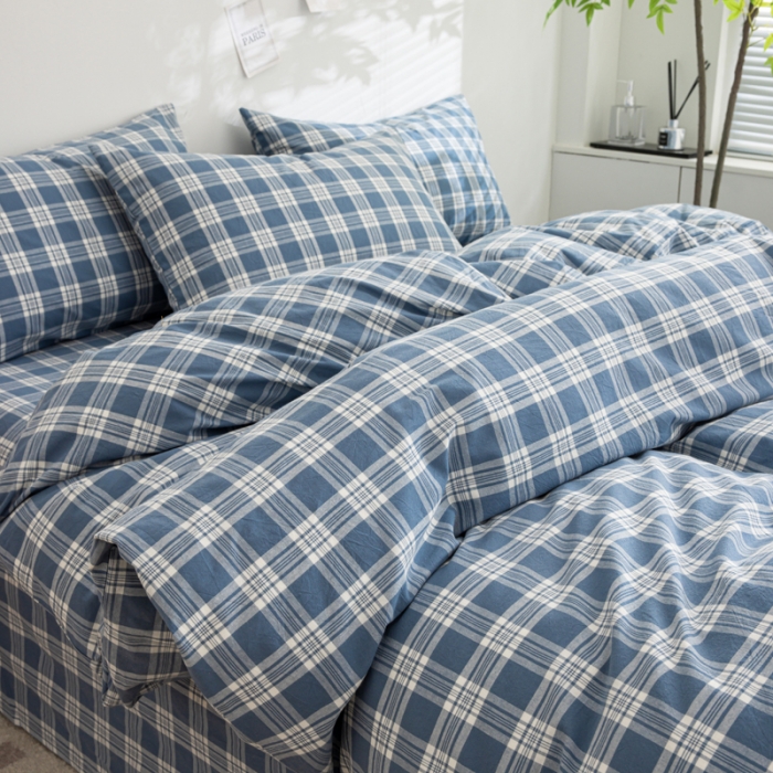 91家纺网 家纺一手货源 找家纺 柠萌家居 2023年新款无印风格A类全棉色织水洗棉四件套 卡洛-蓝