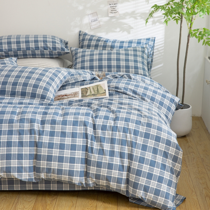 91家纺网 家纺一手货源 找家纺 柠萌家居 2023年新款无印风格A类全棉色织水洗棉四件套 卡洛-蓝