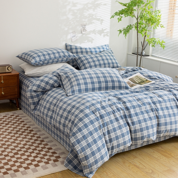 91家纺网 家纺一手货源 找家纺 柠萌家居 2023年新款无印风格A类全棉色织水洗棉四件套 卡洛-蓝