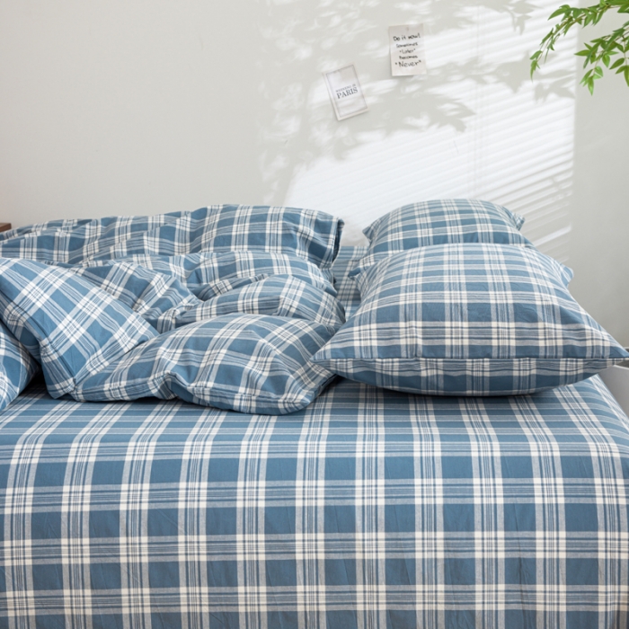 91家纺网 家纺一手货源 找家纺 柠萌家居 2023年新款无印风格A类全棉色织水洗棉四件套 卡洛-蓝