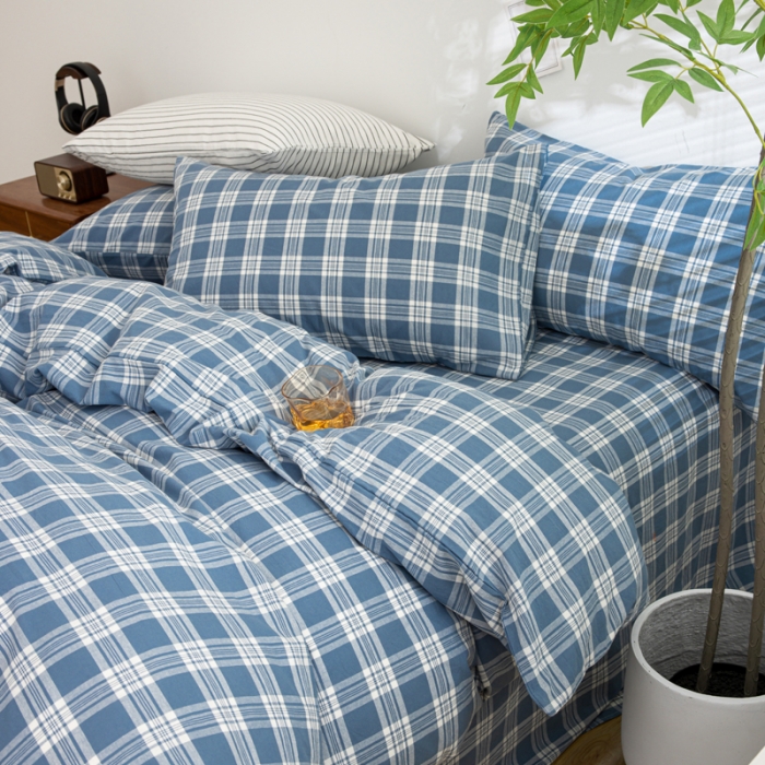 91家纺网 家纺一手货源 找家纺 柠萌家居 2023年新款无印风格A类全棉色织水洗棉四件套 卡洛-蓝