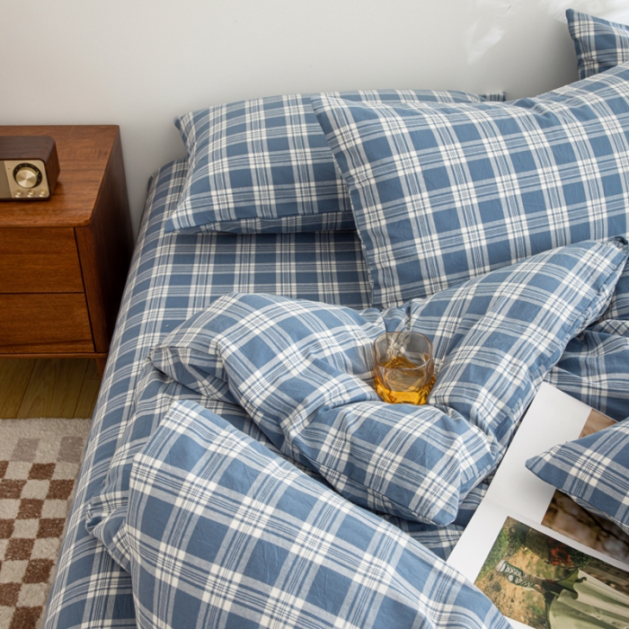 91家纺网 家纺一手货源 找家纺 柠萌家居 2023年新款无印风格A类全棉色织水洗棉四件套 卡洛-蓝