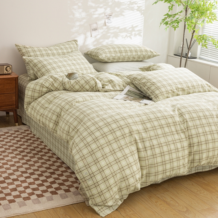 91家纺网 家纺一手货源 找家纺 柠萌家居 2023年新款无印风格A类全棉色织水洗棉四件套 唯格-水绿