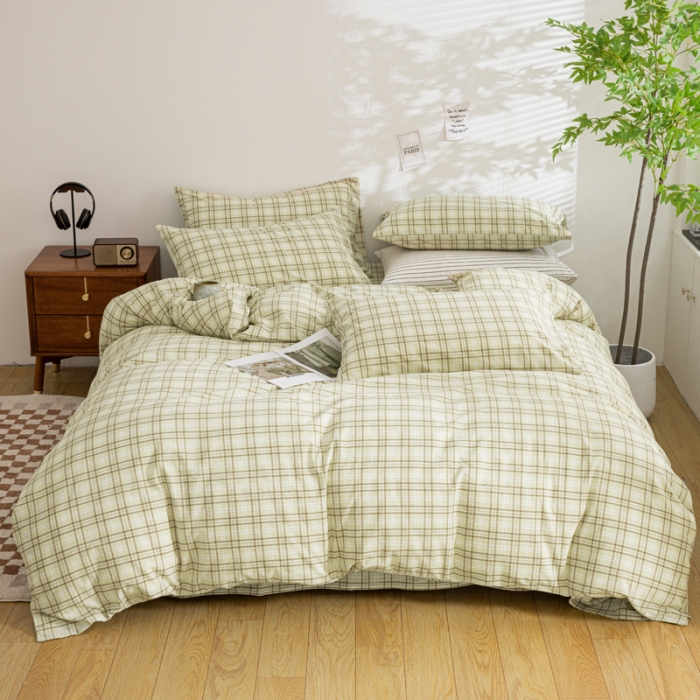 91家纺网 家纺一手货源 找家纺 柠萌家居 2023年新款无印风格A类全棉色织水洗棉四件套 唯格-水绿