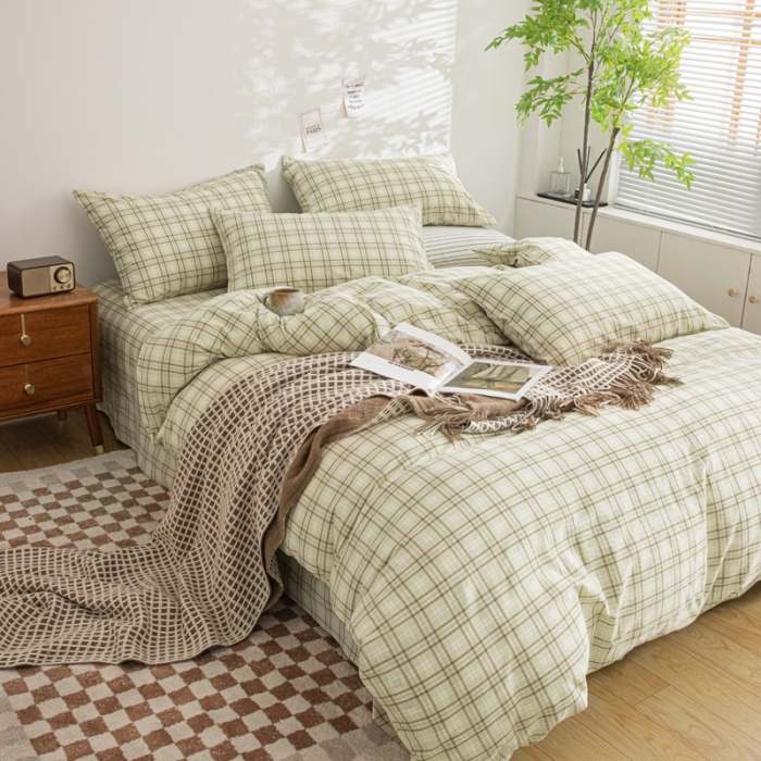 91家纺网 家纺一手货源 找家纺 柠萌家居 2023年新款无印风格A类全棉色织水洗棉四件套 唯格-水绿