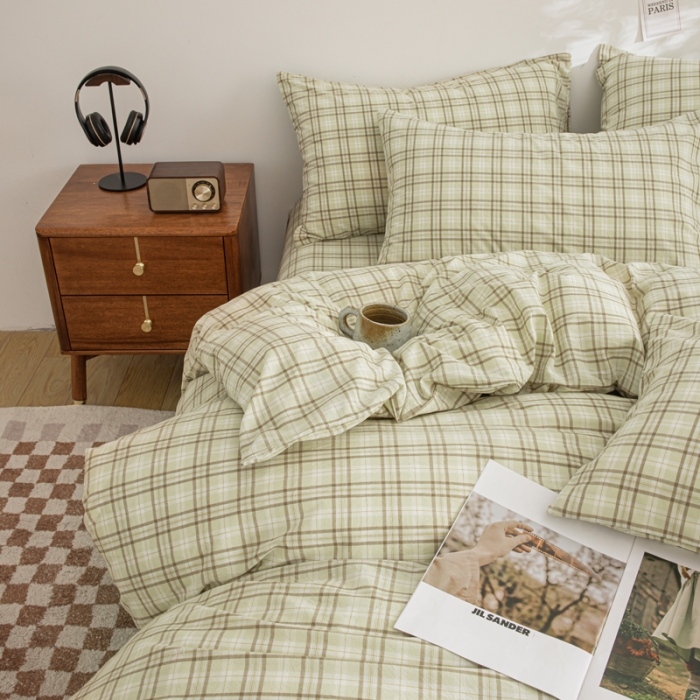 91家纺网 家纺一手货源 找家纺 柠萌家居 2023年新款无印风格A类全棉色织水洗棉四件套 唯格-水绿