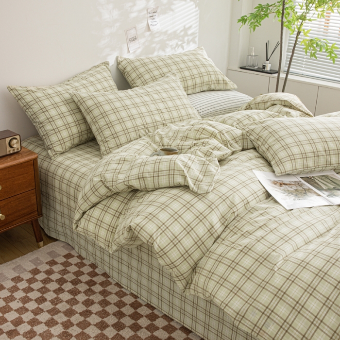 91家纺网 家纺一手货源 找家纺 柠萌家居 2023年新款无印风格A类全棉色织水洗棉四件套 唯格-水绿