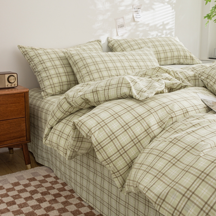 91家纺网 家纺一手货源 找家纺 柠萌家居 2023年新款无印风格A类全棉色织水洗棉四件套 唯格-水绿