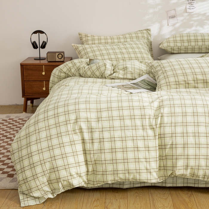 91家纺网 家纺一手货源 找家纺 柠萌家居 2023年新款无印风格A类全棉色织水洗棉四件套 唯格-水绿