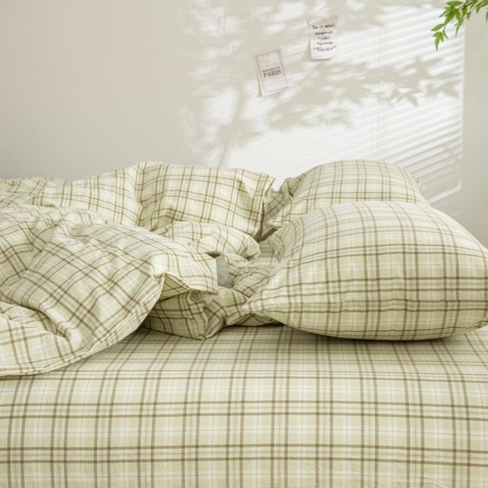 91家纺网 家纺一手货源 找家纺 柠萌家居 2023年新款无印风格A类全棉色织水洗棉四件套 唯格-水绿