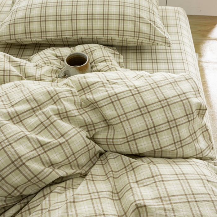 91家纺网 家纺一手货源 找家纺 柠萌家居 2023年新款无印风格A类全棉色织水洗棉四件套 唯格-水绿