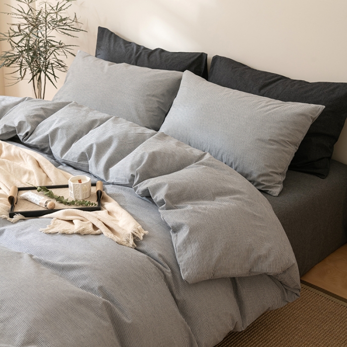 91家纺网 家纺一手货源 找家纺 棉邦 2023新款A类全棉色织水洗棉四件套 灰密条