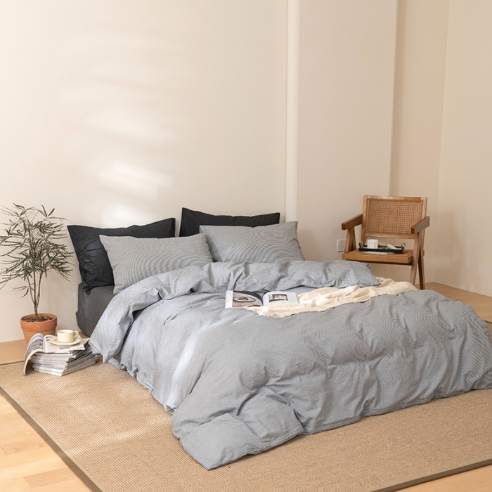 91家纺网 家纺一手货源 找家纺 棉邦 2023新款A类全棉色织水洗棉四件套 灰密条