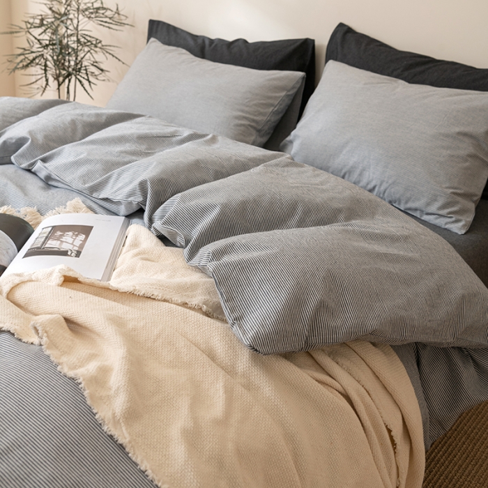 91家纺网 家纺一手货源 找家纺 棉邦 2023新款A类全棉色织水洗棉四件套 灰密条