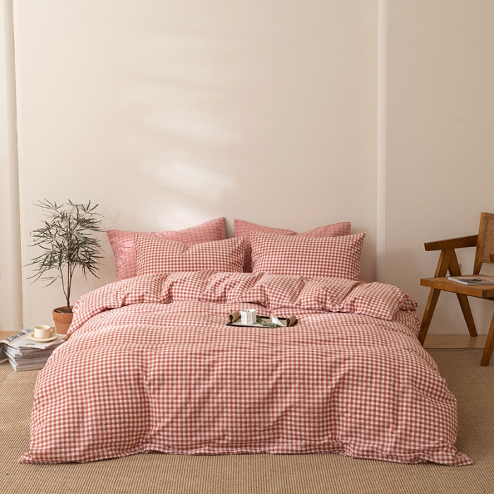 91家纺网 家纺一手货源 找家纺 棉邦 2023新款A类全棉色织水洗棉四件套 橘红小格