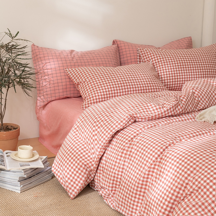 91家纺网 家纺一手货源 找家纺 棉邦 2023新款A类全棉色织水洗棉四件套 橘红小格