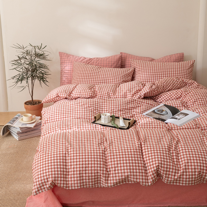 91家纺网 家纺一手货源 找家纺 棉邦 2023新款A类全棉色织水洗棉四件套 橘红小格