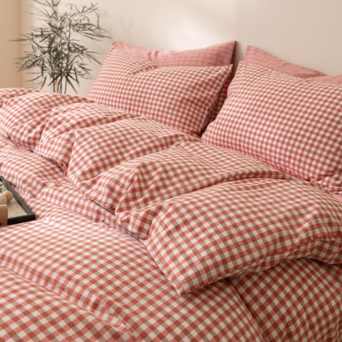 91家纺网 家纺一手货源 找家纺 棉邦 2023新款A类全棉色织水洗棉四件套 橘红小格