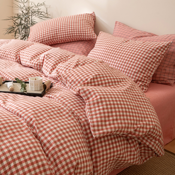 91家纺网 家纺一手货源 找家纺 棉邦 2023新款A类全棉色织水洗棉四件套 橘红小格