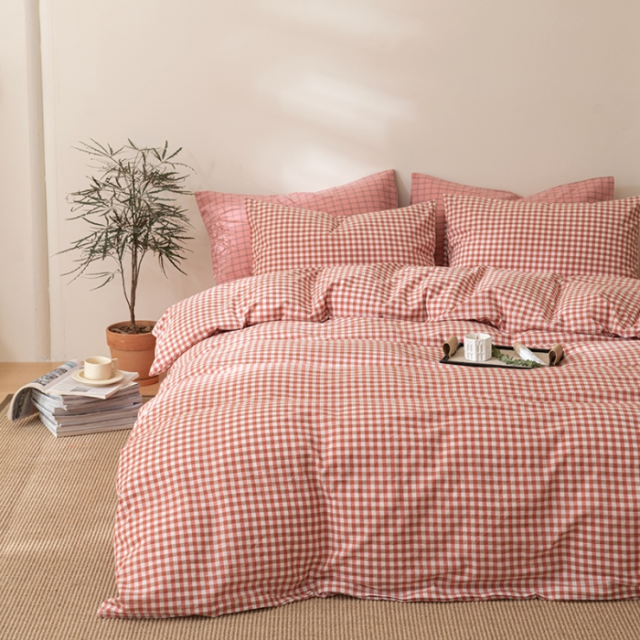 91家纺网 家纺一手货源 找家纺 棉邦 2023新款A类全棉色织水洗棉四件套 橘红小格