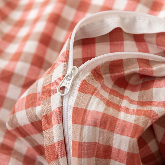 91家纺网 家纺一手货源 找家纺 棉邦 2023新款A类全棉色织水洗棉四件套 橘红小格