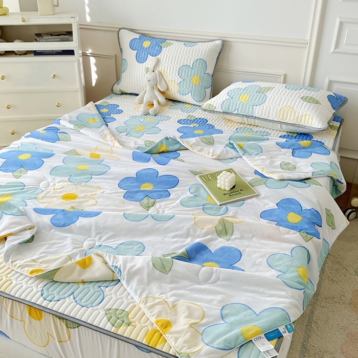 91家纺网 家纺一手货源 找家纺 纽缦 2023新款乳胶床笠四件套 花季-白蓝