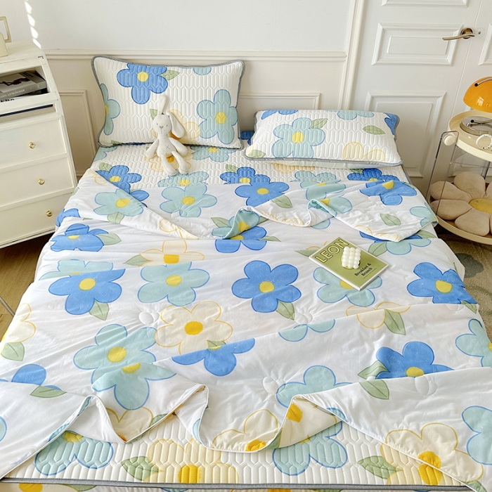 91家纺网 家纺一手货源 找家纺 纽缦 2023新款乳胶床笠四件套 花季-白蓝