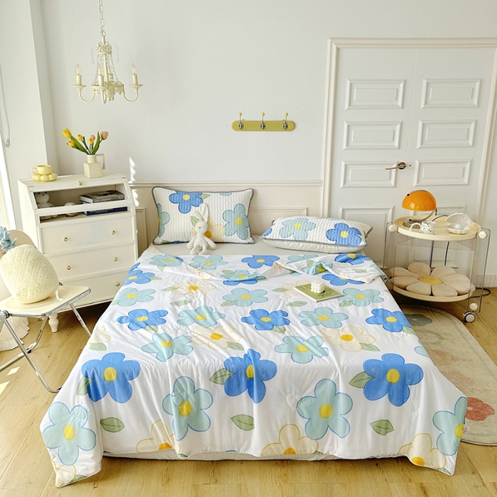 91家纺网 家纺一手货源 找家纺 纽缦 2023新款乳胶床笠四件套 花季-白蓝