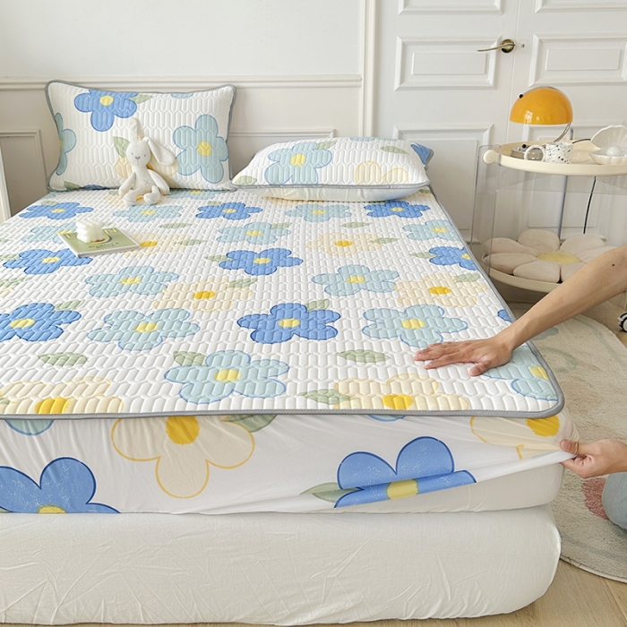 91家纺网 家纺一手货源 找家纺 纽缦 2023新款乳胶床笠四件套 花季-白蓝