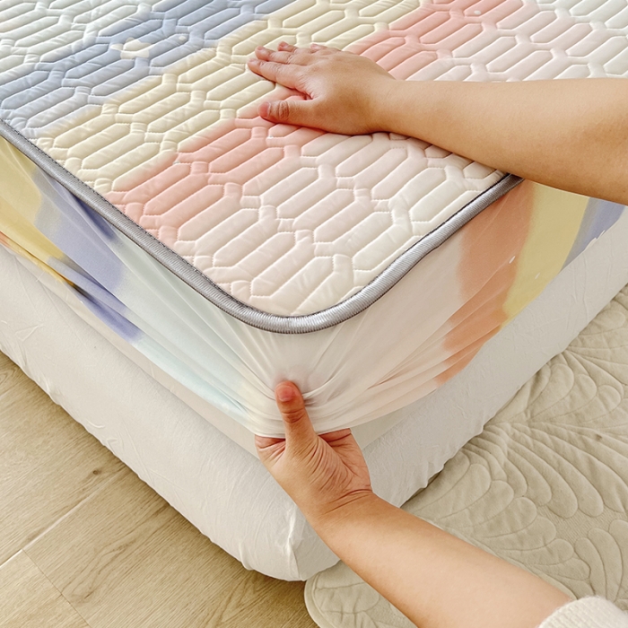 91家纺网 家纺一手货源 找家纺 纽缦 2023新款乳胶床笠四件套 彩虹语