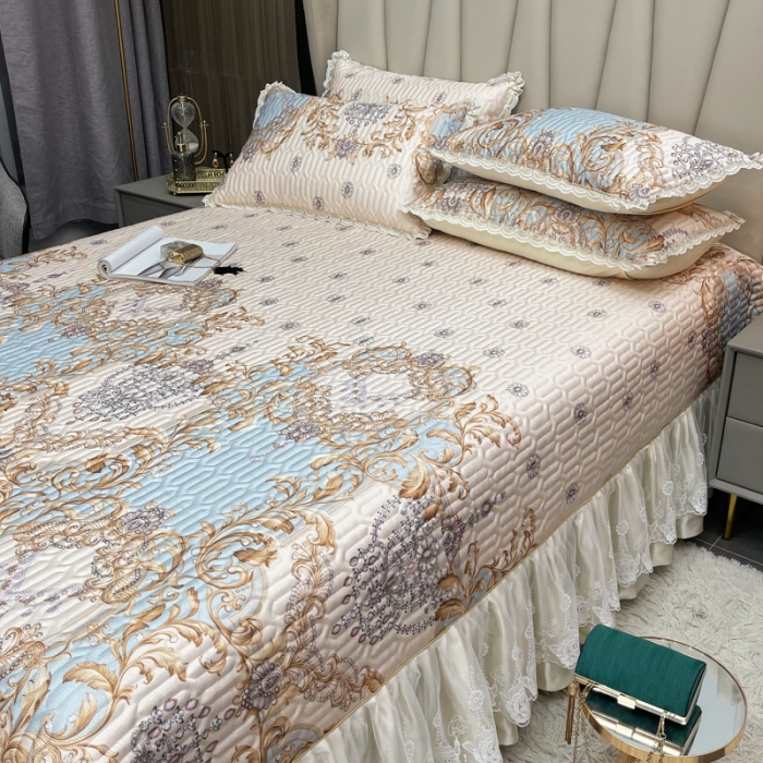 91家纺网 家纺一手货源 找家纺 恋尚 2023新款冰丝夹棉床盖款软凉席印花三件套 欧皇