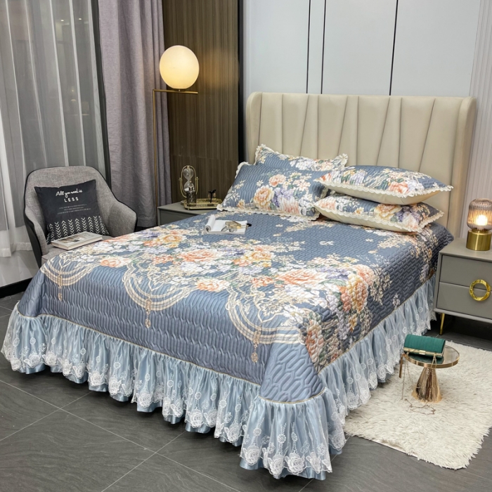 91家纺网 家纺一手货源 找家纺 恋尚 2023新款冰丝夹棉床盖款软凉席印花三件套 花菲玉