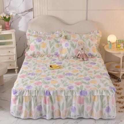 91家纺网 家纺一手货源 找家纺 美达 2025全棉蕾丝小花边夹棉床裙 春日蜜糖