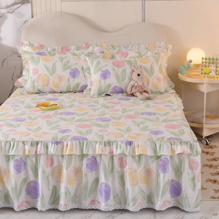 91家纺网 家纺一手货源 找家纺 美达 2025全棉蕾丝小花边单床裙 春日蜜糖