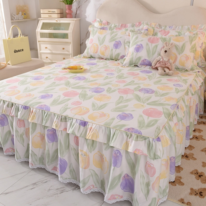 91家纺网 家纺一手货源 找家纺 美达 2025全棉蕾丝小花边单床裙 春日蜜糖