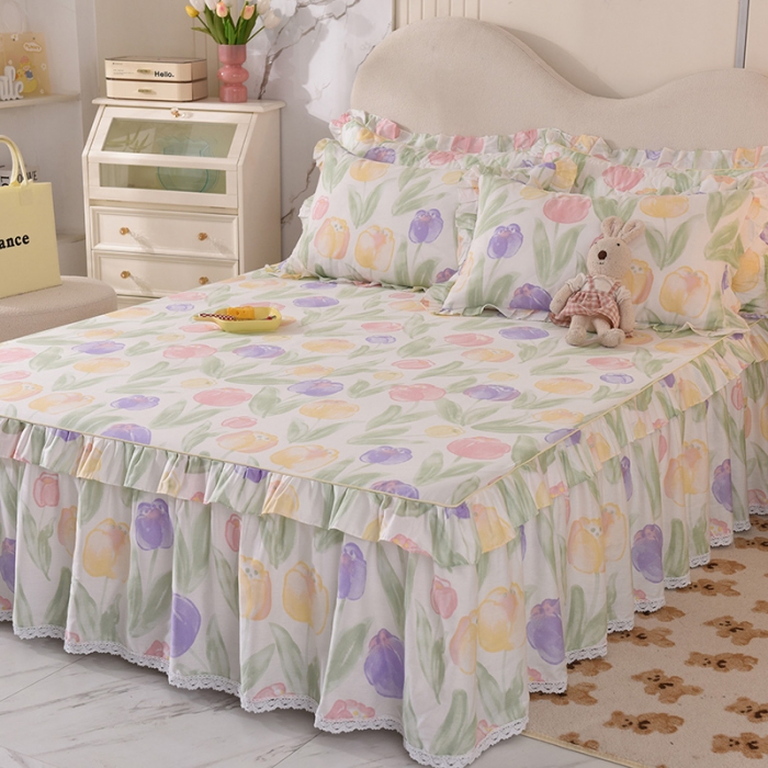 91家纺网 家纺一手货源 找家纺 美达 2025全棉蕾丝小花边单床裙 春日蜜糖