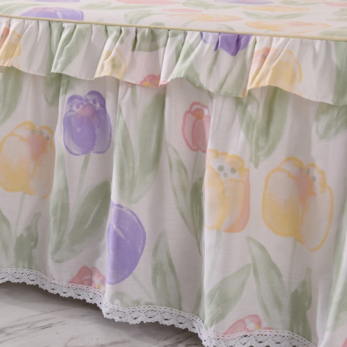 91家纺网 家纺一手货源 找家纺 美达 2025全棉蕾丝小花边单床裙 春日蜜糖